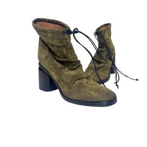 Halmanera Rounded Toe Olive Suede Drawstring Heeled Ankle Boots 41